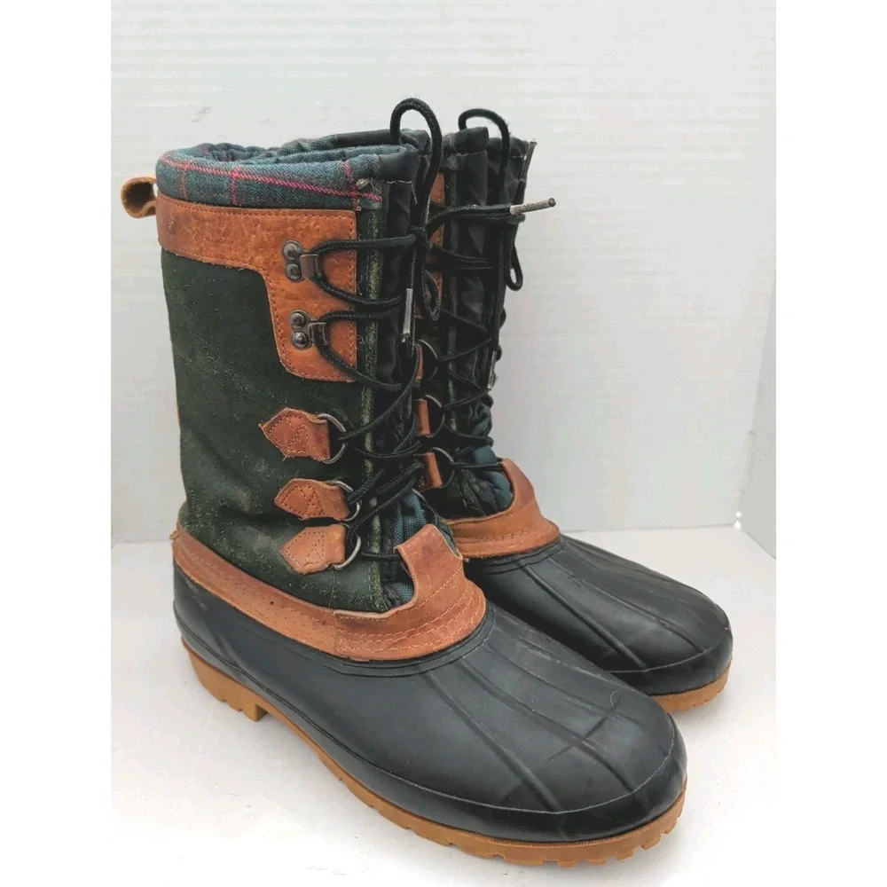 Vtg Eddie Bauer Insulated Duck Boots Men 11 Green Plaid Suede Utility Chore Barn